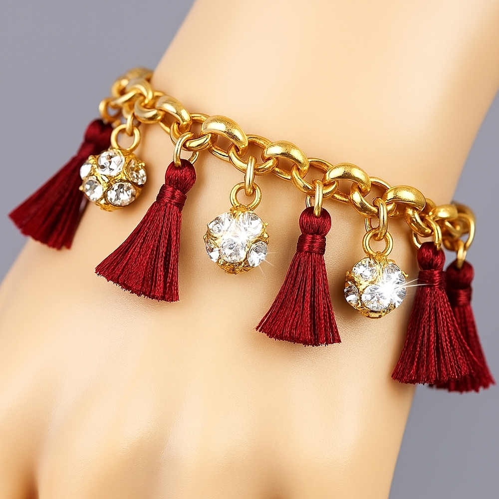 Women's Polished Gold-tone Red Beaded Tassel Bracelet w/ Sparkling Crystal Balls